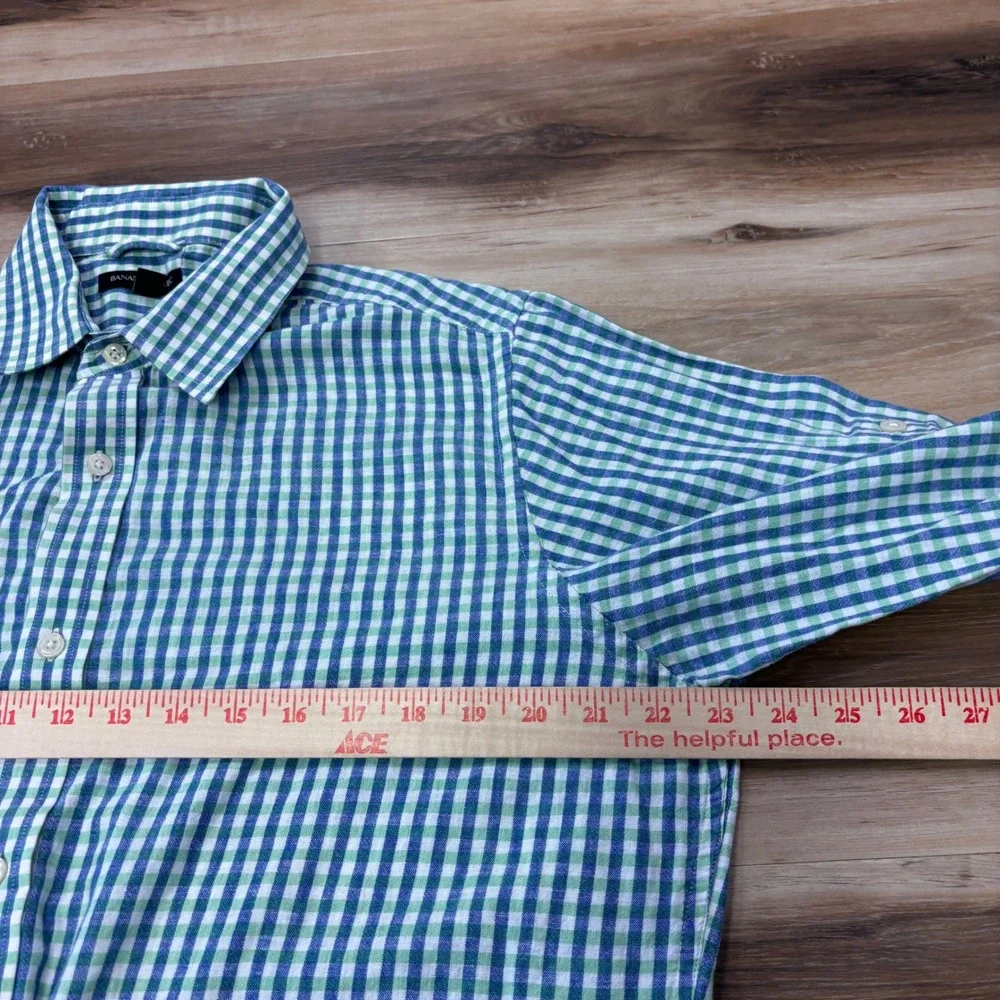 Banana Republic Button Up Shirt Large Gingham Linen Cotton Casual Green Blue